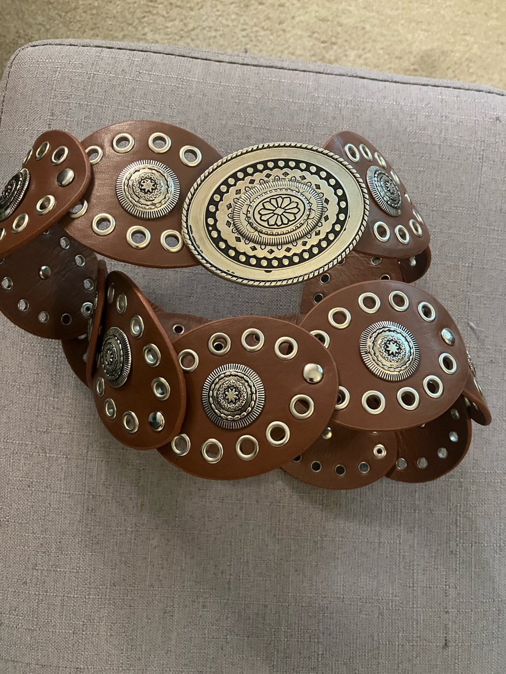 Brown Leather Eyelet Waist Belt with Decorative Conchos